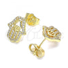 Oro Laminado Stud Earring, Gold Filled Style Hand of God Design, with White Micro Pave, Polished, Golden Finish, 02.156.0576