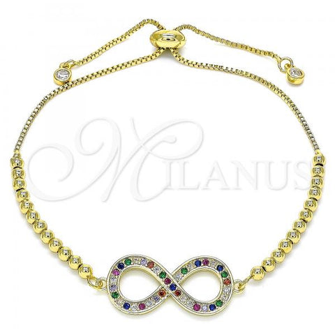 Oro Laminado Adjustable Bolo Bracelet, Gold Filled Style Infinite and Ball Design, with Multicolor Micro Pave and White Cubic Zirconia, Polished, Golden Finish, 03.156.0020.1.11