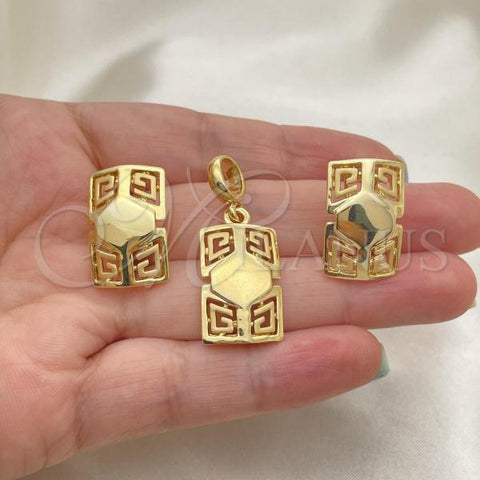 Oro Laminado Earring and Pendant Adult Set, Gold Filled Style Greek Key Design, Polished, Golden Finish, 10.59.0239