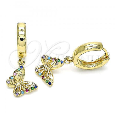 Oro Laminado Huggie Hoop, Gold Filled Style Butterfly Design, with Multicolor Micro Pave, Polished, Golden Finish, 02.210.0515.1.15