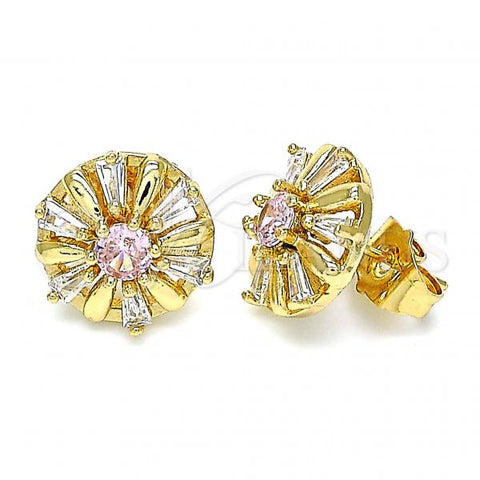 Oro Laminado Stud Earring, Gold Filled Style Flower Design, with Pink and White Cubic Zirconia, Polished, Golden Finish, 02.387.0033.1