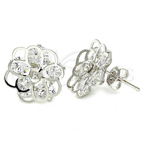 Rhodium Plated Stud Earring, Flower Design, with White Cubic Zirconia, Polished, Rhodium Finish, 02.106.0030.1