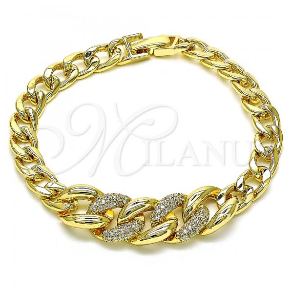 Oro Laminado Fancy Bracelet, Gold Filled Style Curb Design, with White Micro Pave, Polished, Golden Finish, 03.283.0270.07