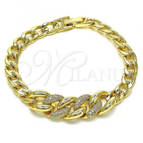 Oro Laminado Fancy Bracelet, Gold Filled Style Curb Design, with White Micro Pave, Polished, Golden Finish, 03.283.0270.07