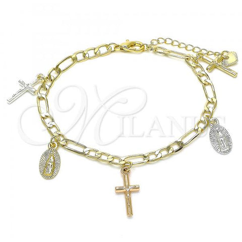 Oro Laminado Charm Bracelet, Gold Filled Style Guadalupe and Crucifix Design, Polished, Tricolor, 03.351.0113.07