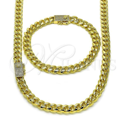 Oro Laminado Necklace and Bracelet, Gold Filled Style Miami Cuban Design, with White Micro Pave, Polished, Golden Finish, 06.213.0028