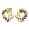 Oro Laminado Stud Earring, Gold Filled Style Heart Design, with Multicolor Cubic Zirconia, Polished, Golden Finish, 02.210.0441.2