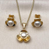 Oro Laminado Earring and Pendant Adult Set, Gold Filled Style Flower Design, with Ivory Pearl, Polished, Golden Finish, 10.342.0255