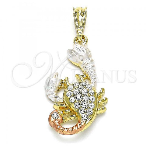 Oro Laminado Religious Pendant, Gold Filled Style Scorpion Design, with White Crystal, Polished, Tricolor, 05.380.0139
