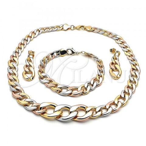 Oro Laminado Necklace, Bracelet and Earring, Gold Filled Style Curb Design, Polished, Tricolor, 06.92.0002
