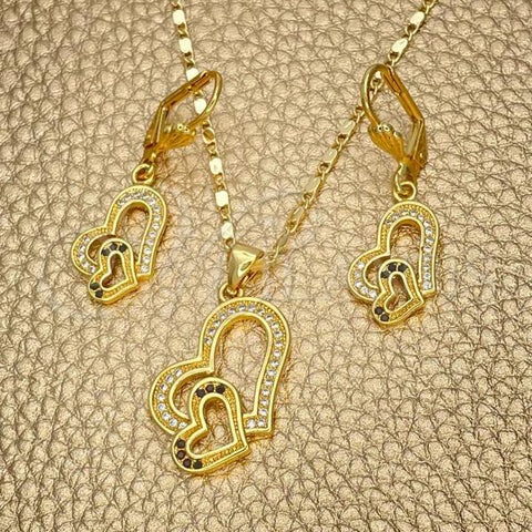 Oro Laminado Earring and Pendant Adult Set, Gold Filled Style Heart Design, with Black and White Cubic Zirconia, Polished, Golden Finish, 10.342.0025.1