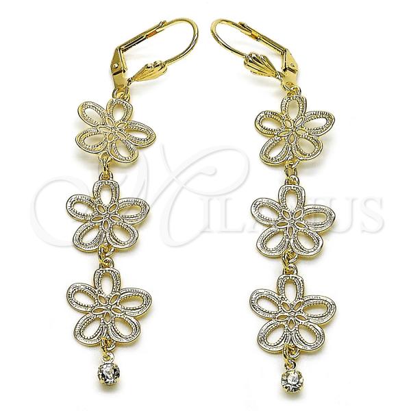 Oro Laminado Long Earring, Gold Filled Style Flower Design, with White Micro Pave, Polished, Golden Finish, 5.108.011.1