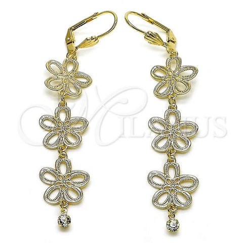 Oro Laminado Long Earring, Gold Filled Style Flower Design, with White Micro Pave, Polished, Golden Finish, 5.108.011.1