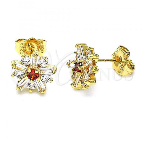 Oro Laminado Stud Earring, Gold Filled Style Flower Design, with Garnet and White Cubic Zirconia, Polished, Golden Finish, 02.310.0027.1