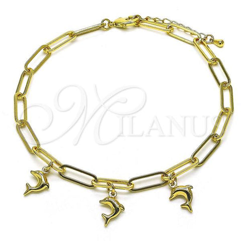 Oro Laminado Charm Anklet , Gold Filled Style Dolphin and Paperclip Design, Polished, Golden Finish, 03.63.2278.10