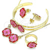 Oro Laminado Necklace, Bracelet, Earring and Ring, Gold Filled Style Flower Design, Red Enamel Finish, Golden Finish, 06.361.0037