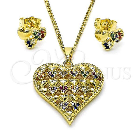 Oro Laminado Earring and Pendant Adult Set, Gold Filled Style Heart Design, with Multicolor Cubic Zirconia, Polished, Golden Finish, 10.284.0033