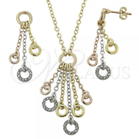 Oro Laminado Necklace and Earring, Gold Filled Style with  Crystal, Polished, Tricolor, 06.91.0026