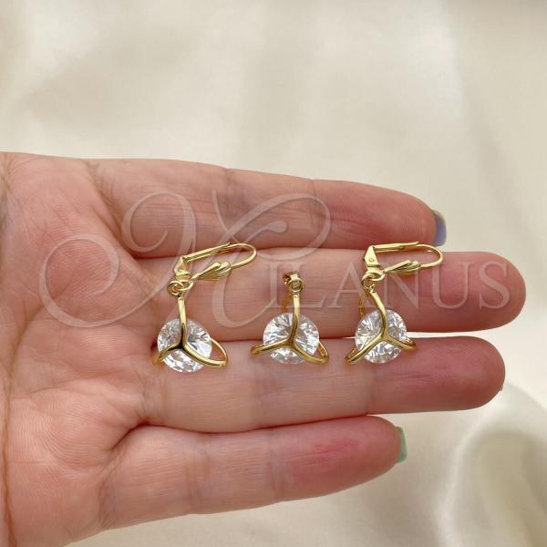 Oro Laminado Earring and Pendant Adult Set, Gold Filled Style with White Cubic Zirconia, Polished, Golden Finish, 10.63.0586