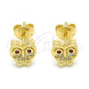 Oro Laminado Stud Earring, Gold Filled Style Owl Design, with Garnet Cubic Zirconia and Garnet Micro Pave, Polished, Golden Finish, 02.156.0281