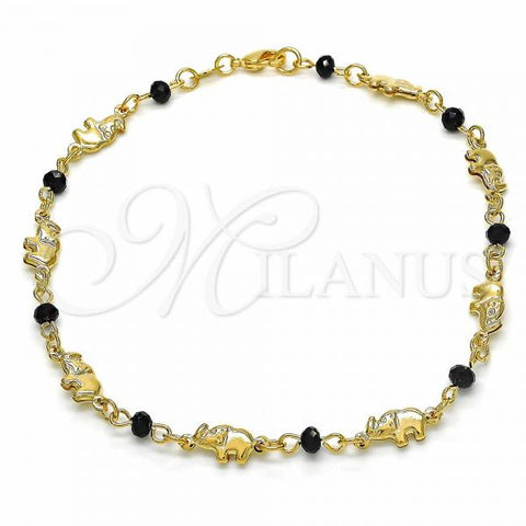 Oro Laminado Fancy Anklet, Gold Filled Style Elephant Design, with Black Crystal, Black Polished, Golden Finish, 03.32.0208.10