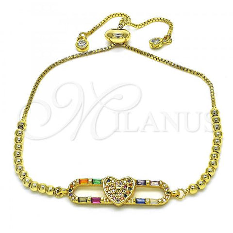 Oro Laminado Adjustable Bolo Bracelet, Gold Filled Style Heart Design, with Multicolor Cubic Zirconia and Multicolor Micro Pave, Polished, Golden Finish, 03.362.0008.11