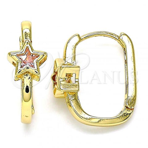 Oro Laminado Huggie Hoop, Gold Filled Style Star Design, with Pink Cubic Zirconia, Polished, Golden Finish, 02.210.0555.15