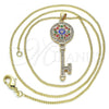 Oro Laminado Pendant Necklace, Gold Filled Style key and Flower Design, with White Micro Pave, Multicolor Enamel Finish, Golden Finish, 04.213.0191.20