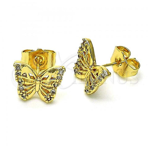 Oro Laminado Stud Earring, Gold Filled Style Butterfly Design, with White Micro Pave, Polished, Golden Finish, 02.210.0666