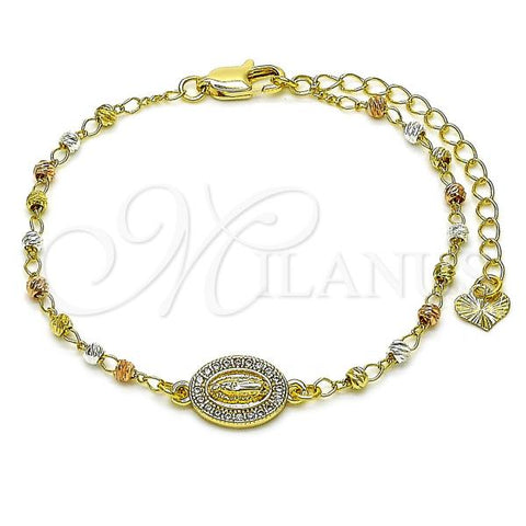 Oro Laminado Fancy Bracelet, Gold Filled Style Guadalupe and Ball Design, with White Micro Pave, Diamond Cutting Finish, Tricolor, 03.253.0106.07