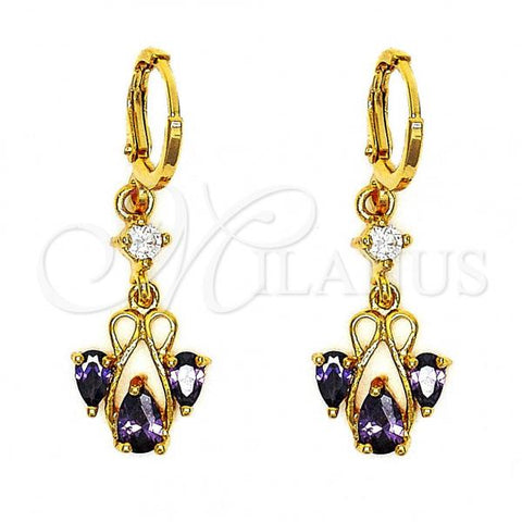 Oro Laminado Dangle Earring, Gold Filled Style Teardrop Design, with Amethyst and White Cubic Zirconia, Polished, Golden Finish, 02.206.0012