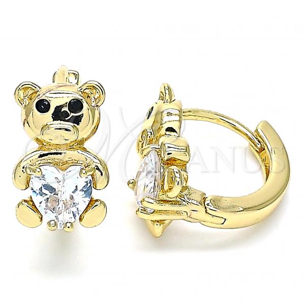 Oro Laminado Huggie Hoop, Gold Filled Style Teddy Bear and Heart Design, with White Cubic Zirconia and Black Micro Pave, Polished, Golden Finish, 02.210.0460.15
