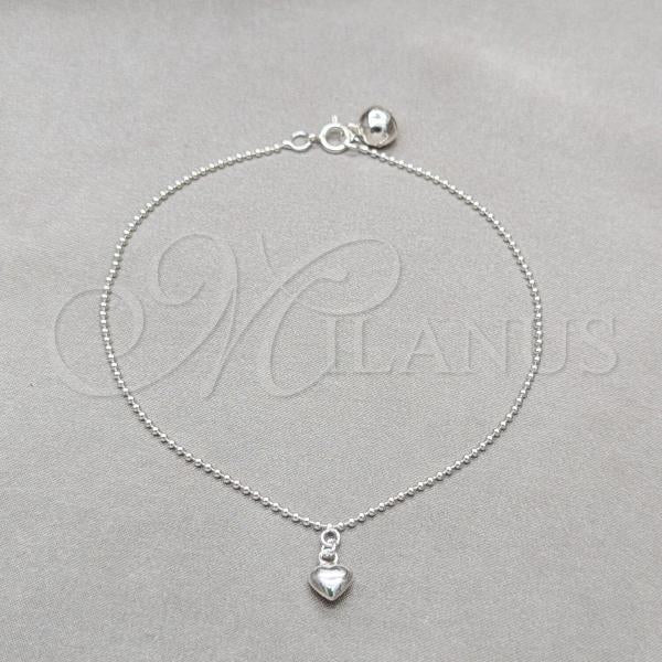 Sterling Silver Fancy Anklet, Heart Design, Polished, Silver Finish, 03.409.0059.10