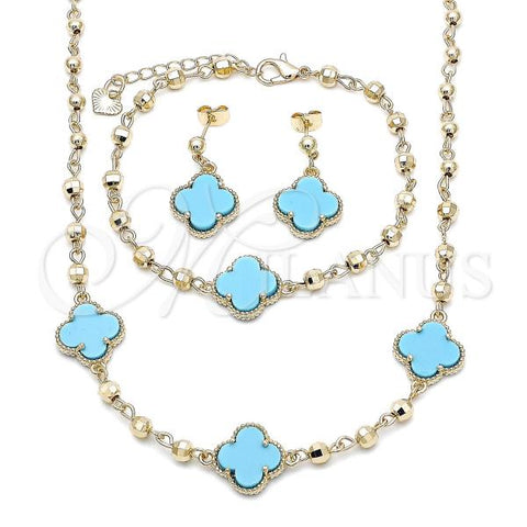 Oro Laminado Necklace, Bracelet and Earring, Gold Filled Style Four-leaf Clover and Ball Design, with Turquoise Crystal, Polished, Golden Finish, 06.414.0002.1