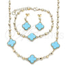 Oro Laminado Necklace, Bracelet and Earring, Gold Filled Style Four-leaf Clover and Ball Design, with Turquoise Crystal, Polished, Golden Finish, 06.414.0002.1