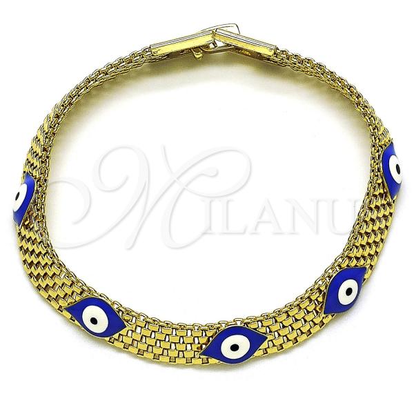 Oro Laminado Fancy Bracelet, Gold Filled Style Evil Eye and Bismark Design, Blue Enamel Finish, Golden Finish, 03.331.0213.08