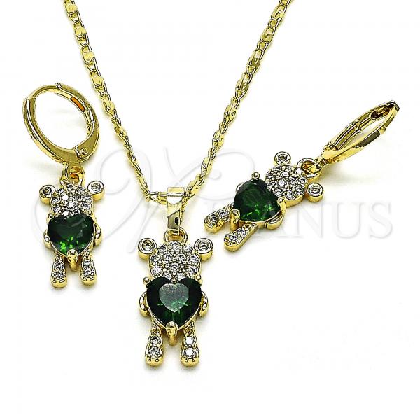 Oro Laminado Earring and Pendant Adult Set, Gold Filled Style Teddy Bear and Heart Design, with Green Cubic Zirconia and White Micro Pave, Polished, Golden Finish, 10.196.0027