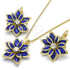Oro Laminado Earring and Pendant Adult Set, Gold Filled Style Flower Design, with Sapphire Blue and White Crystal, Polished, Golden Finish, 10.64.0157.1
