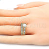 Oro Laminado Wedding Ring, Gold Filled Style Duo Design, with White Cubic Zirconia, Polished, Golden Finish, 01.284.0033.09 (Size 9)