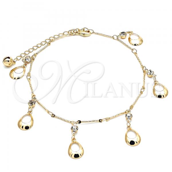 Oro Laminado Charm Anklet , Gold Filled Style Teardrop and Rattle Charm Design, with White Crystal, Polished, Golden Finish, 03.213.0112.10