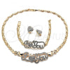 Oro Laminado Necklace, Bracelet and Earring, Gold Filled Style Hugs and Kisses and Love Design, with White Crystal, Polished, Golden Finish, 06.372.0035