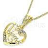 Oro Laminado Pendant Necklace, Gold Filled Style Heart and Mom Design, with White Crystal, Polished, Golden Finish, 04.351.0021.20