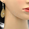 Oro Laminado Dangle Earring, Gold Filled Style Leaf and Filigree Design, with White Crystal, Diamond Cutting Finish, Golden Finish, 73.006