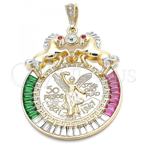 Oro Laminado Religious Pendant, Gold Filled Style Centenario Coin and Horse Design, with Multicolor Crystal, Polished, Two Tone, 05.351.0152