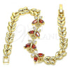 Oro Laminado Fancy Bracelet, Gold Filled Style Butterfly and Leaf Design, with Garnet and White Cubic Zirconia, Polished, Golden Finish, 03.210.0135.08