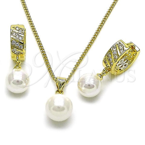 Oro Laminado Earring and Pendant Adult Set, Gold Filled Style Ball Design, with Ivory Pearl and White Cubic Zirconia, Polished, Golden Finish, 10.213.0033