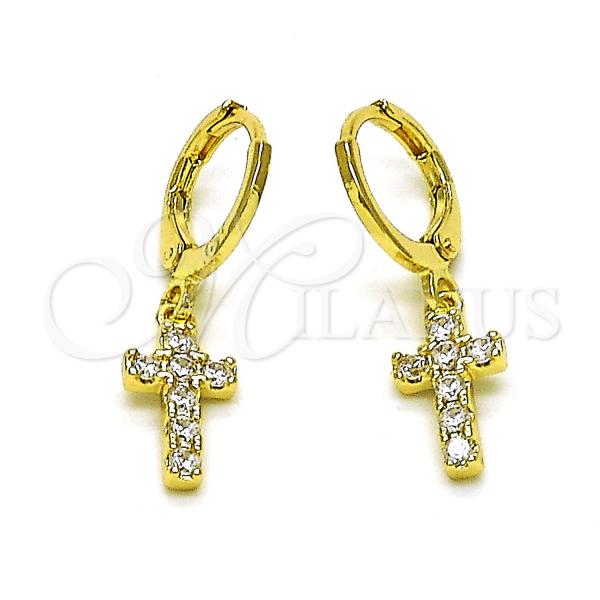 Oro Laminado Dangle Earring, Gold Filled Style Cross Design, with White Cubic Zirconia, Polished, Golden Finish, 02.213.0542