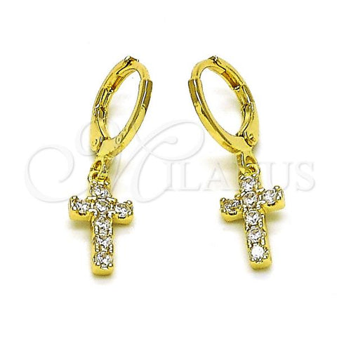 Oro Laminado Dangle Earring, Gold Filled Style Cross Design, with White Cubic Zirconia, Polished, Golden Finish, 02.213.0542