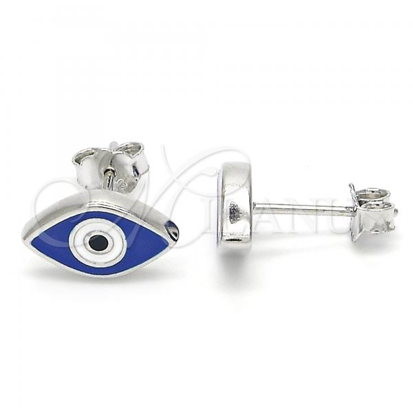 Sterling Silver Stud Earring, Evil Eye Design, Blue Enamel Finish, Rhodium Finish, 02.336.0055