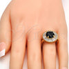 Oro Laminado Multi Stone Ring, Gold Filled Style Flower Design, with Black and White Cubic Zirconia, Polished, Golden Finish, 01.205.0010.3.08 (Size 8)
